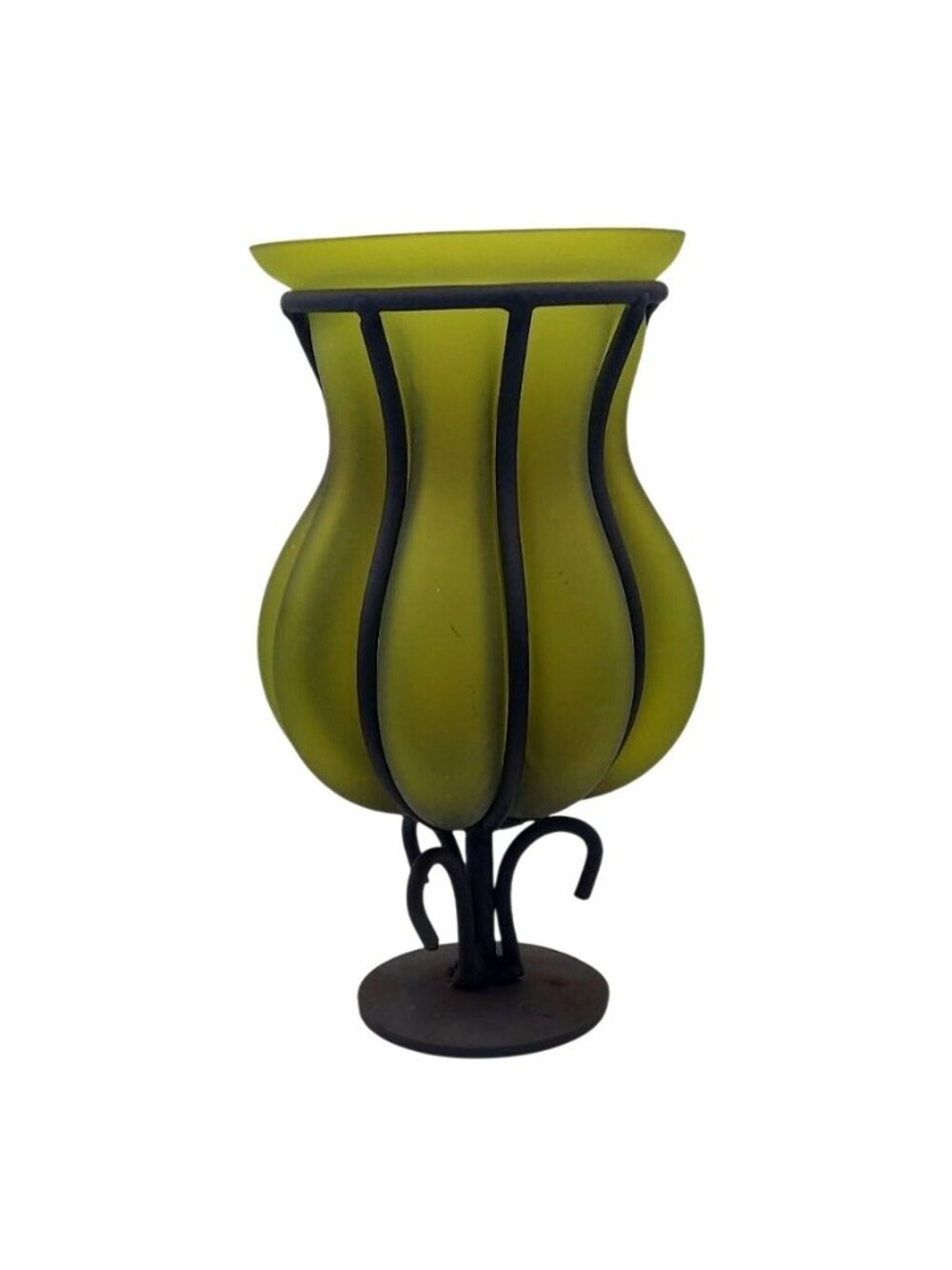 Spanish Revival Glass Vase Wrought Iron Caged Green Hurricane Candle Holder Vtg